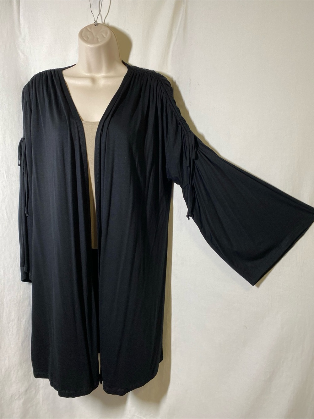 Vocal Black Long Bell Sleeve Open Front Cardigan With Drawstring Upper Sleeve